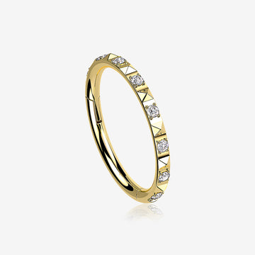 Implant Grade Titanium Golden Pyramid Sparkle Studded Geometric Seamless Clicker Hoop Ring-Clear Gem